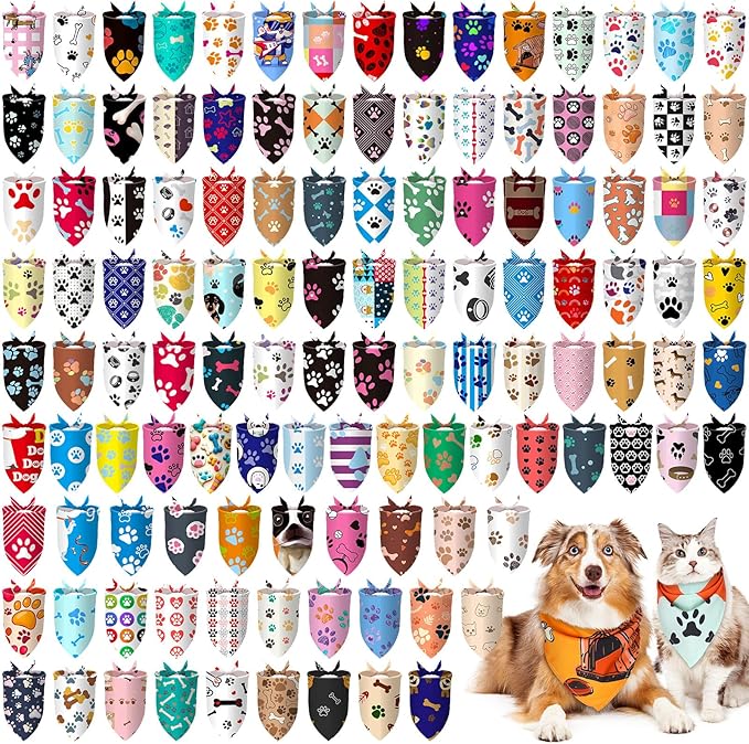 150 Pcs Dog Bandanas Bulk Pet Bibs Colorful Triangle Scarf Pet Bandanas for Medium Large Dogs Spring Summer Birthday Costume Decoration (Paw)-PurrikoPets