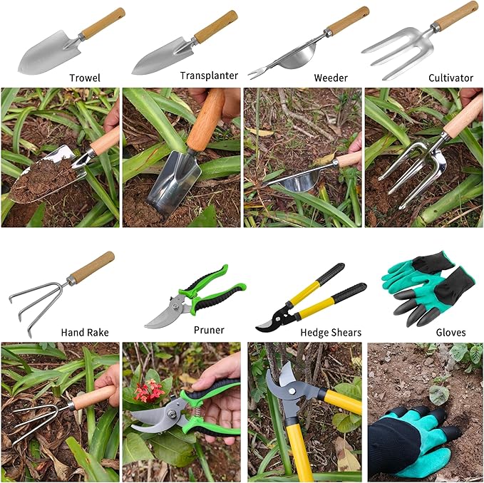 41-Piece Premium Gardening Tool Set, Stainless Steel Heavy Duty Gardening Tool Kit, with Non-Slip Rubber Grip, Storage Tote Bag, Outdoor Hand Tools, Ideal Gardening Gifts for All (Green)-PurrikoPets