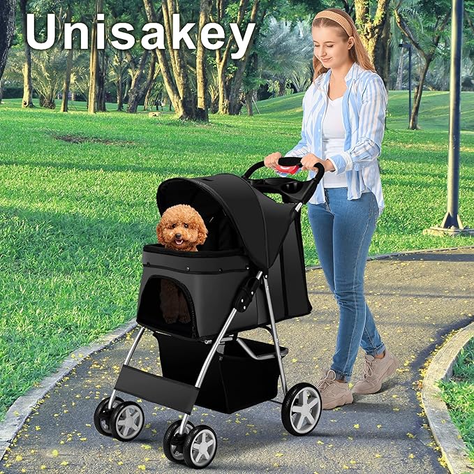 4 Wheels Pet Stroller for Small Medium Dogs Cats 10-33 lbs, Foldable Dog and Cat Stroller with Cup Holder & Storage Basket & Breathable Mesh, Pet Strolling Cart for All-Season, Black-PurrikoPets