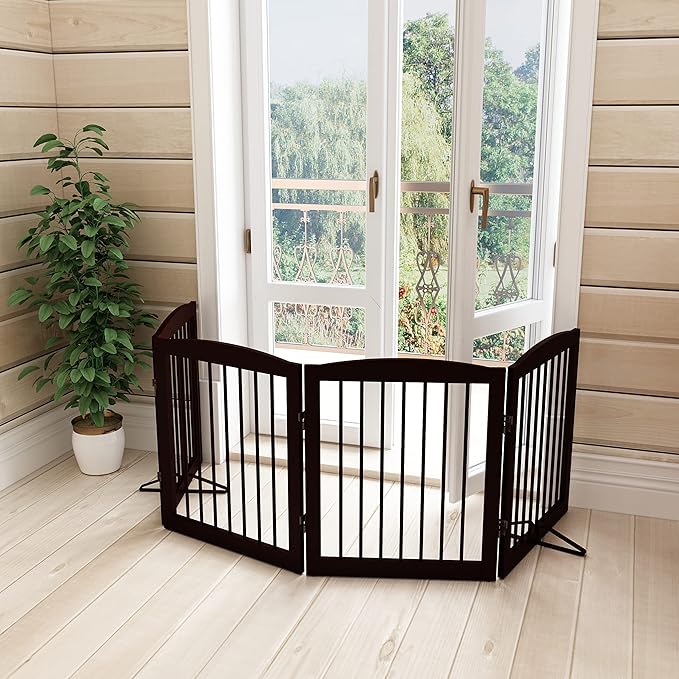 Freestanding Pet Gate for Dogs, Foldable Wooden Dog Gate for House, Indoor Dog Gate for Stair, Doorway, Gates for Dogs Indoor, 80 Inch Wide, 4 Panels 24",Brown-PurrikoPets