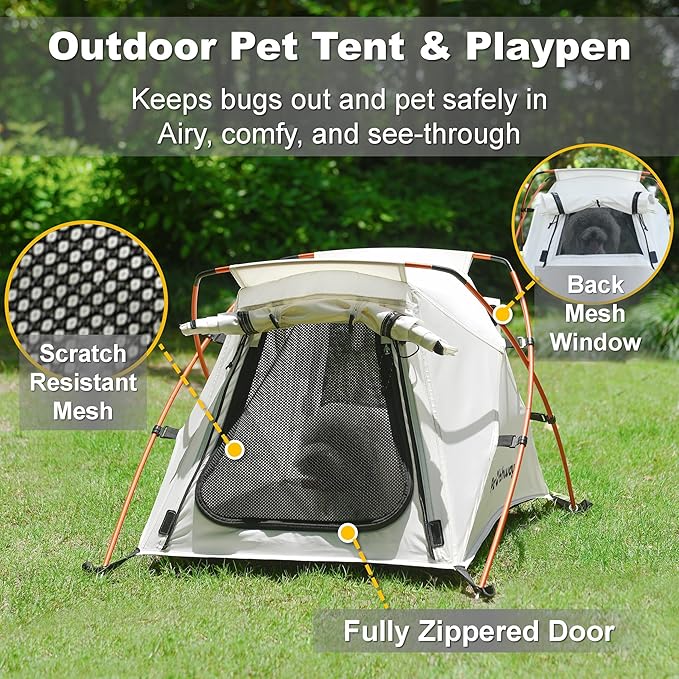 Dog Tent Cat Tent with Aluminum Poles and Camping Mat, Outdoor Waterproof Pet Tent with Zippered Mesh Door, Dog House, Cat House, Pet Playpen, Portable and Collapsible (White, Small)-PurrikoPets