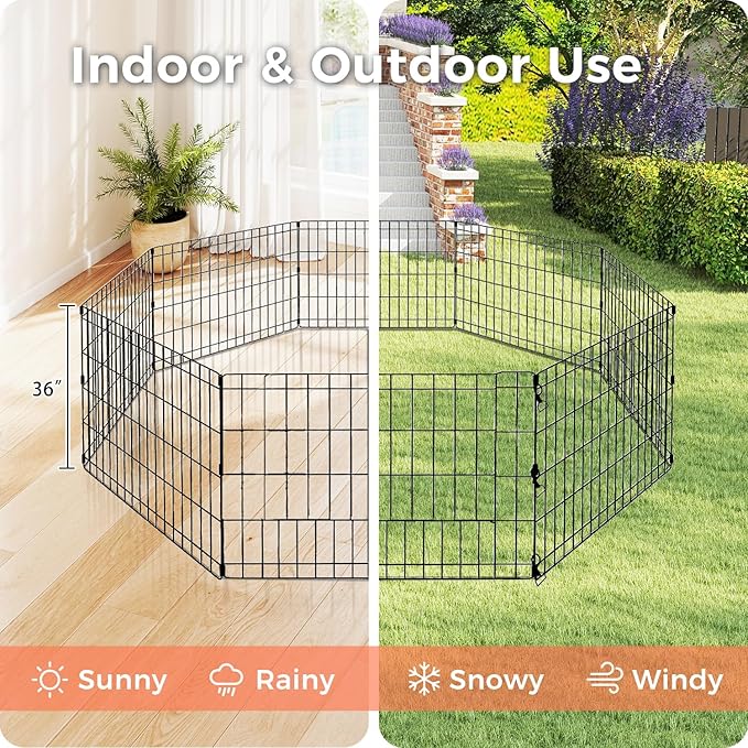 Foldable Dog Playpen 36" Height 8 Panels Metal Exercise Pen No Door - Indoor/Outdoor Dog Play Pen for Small-Medium Dogs, Portable Pet Fence for Yard Garden Camping, Black-PurrikoPets