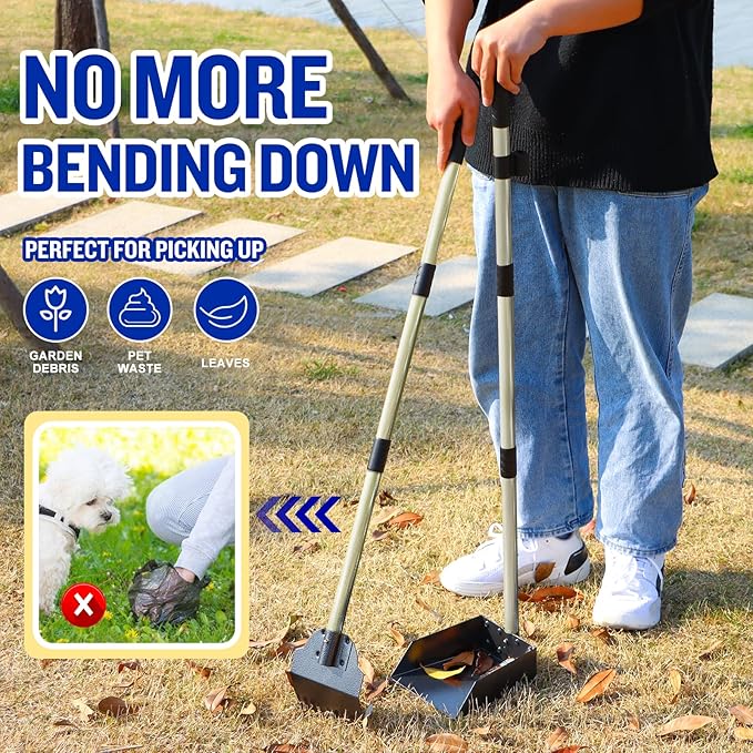 Dog Pooper Scooper,Tray and Spade Set Poop Scooper for Dogs, Adjustable Long Handle Metal Pooper Scooper with Bin for Pet Waste Removal, No Bending Clean Up for Medium and Large Dogs-PurrikoPets