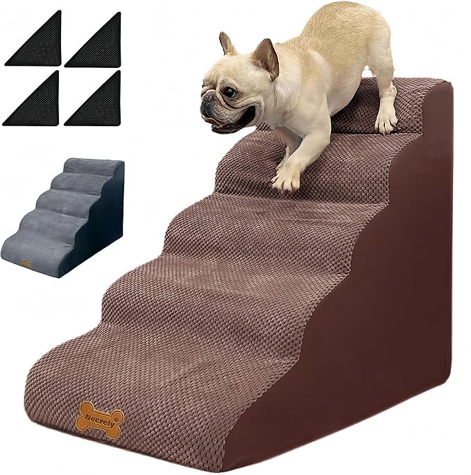 Dog Stairs & Pet Ramp for Small/Large Dogs to High Beds/Couches - 5 Steps 24-inch Height for 18-30 inch Furniture, 2 Washable Covers (Brown, Grey), Non-Slip Balanced 33D Design for Old Dogs & Cats-PurrikoPets