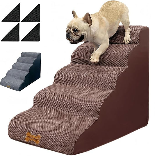 Dog Stairs & Pet Ramp for Small/Large Dogs to High Beds/Couches - 5 Steps 24-inch Height for 18-30 inch Furniture, 2 Washable Covers (Brown, Grey), Non-Slip Balanced 33D Design for Old Dogs & Cats-PurrikoPets