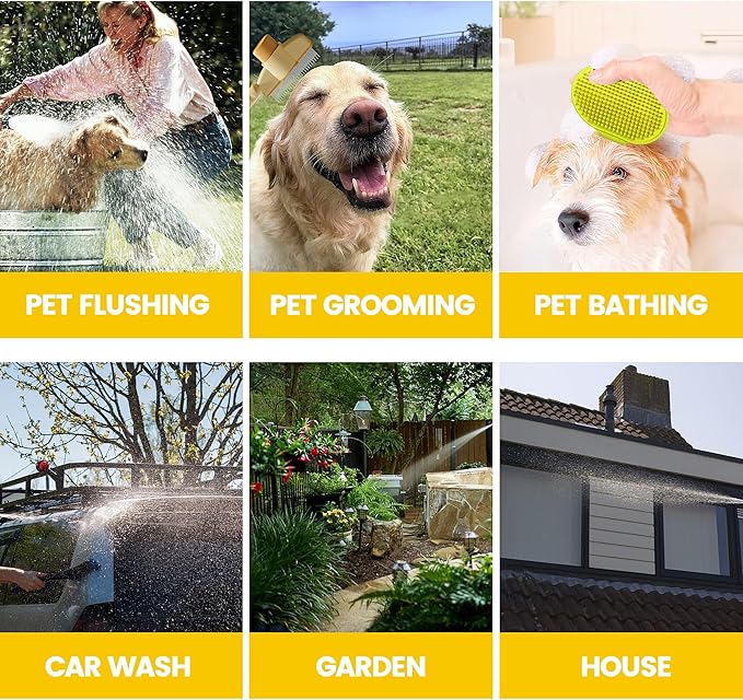 Dog Washing Hose Attachment, 10-in-1 Soap Sprayer Moden Garden Hose Nozzle with 100cc Soap Dispenser, Dog Wash Supplies with Dog Bath Brush & Pet Comb, Foam Gun Car Wash Sprayer (Yellow)-PurrikoPets