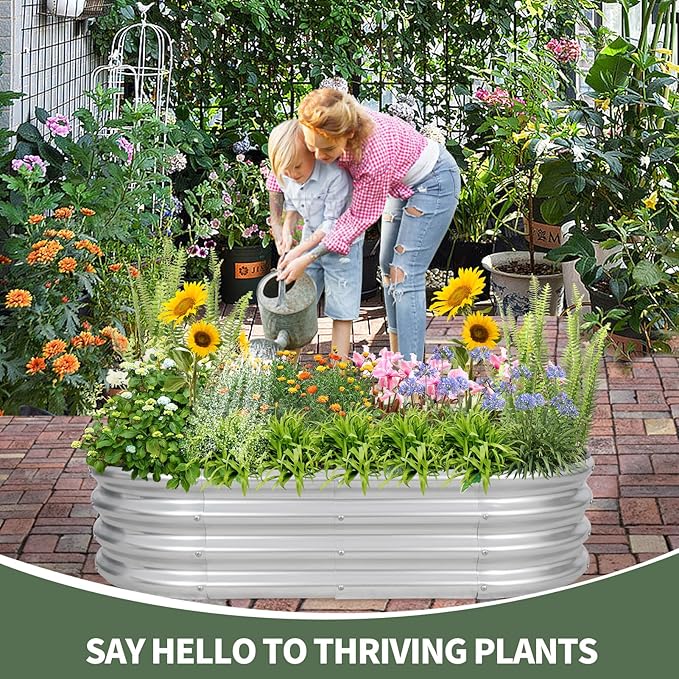 1MORE Galvanized Raised Garden Bed- Planter Garden Boxes Outdoor, Raised Beds for Gardening, 4x2x1ft Metal Garden Bed Kit for Vegetables Flower, Planter Raised Bed with Protective Tape & Tools.Silver-PurrikoPets