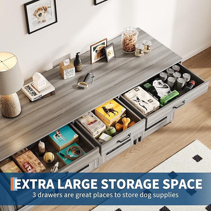 71 Inch Dog Crate Furniture for 2 Rooms, Wooden Double Crate Large Breed with Door, Dog Kennel Indoor, TV Stand End Table with Divider for Large Medium Dogs,Grey-PurrikoPets