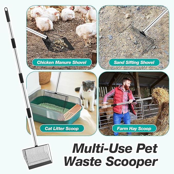 Adjustable Chicken Poop Scooper, Heavy Duty Stainless Steel Chicken Rake with 3-Slot Pole, Multi-Use Pet Waste Shovel & Hay Scooper - 36"/50"/64" Length-PurrikoPets
