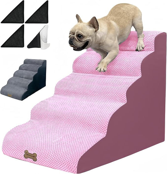 Dog Stairs & Pet Ramp for Small/Large Dogs to High Beds/Couches - 5 Steps 24-inch Height for 18-30 inch Furniture, 2 Washable Covers (Pink, Grey), Non-Slip Balanced 33D Design for Old Dogs & Cats-PurrikoPets