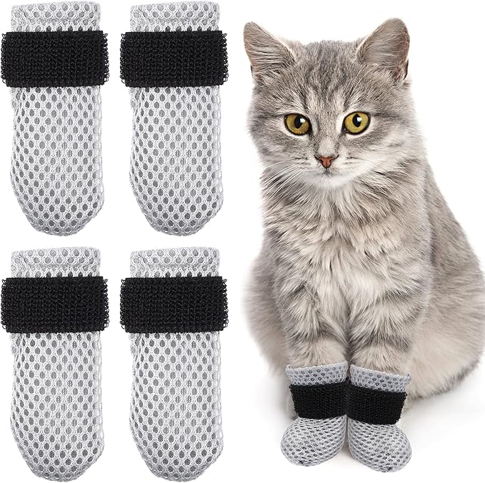 4Pcs Cat Nail Caps, Cats Booties Mittens Paw Covers Caps Shoes for Bathing Shaving Checking Nail Cutting, Pet Grooming Socks AntiScratch Adjustable Pet Claw Protector Foot Sleeves, Grey M-PurrikoPets