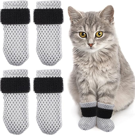 4Pcs Cat Nail Caps, Cats Booties Mittens Paw Covers Caps Shoes for Bathing Shaving Checking Nail Cutting, Pet Grooming Socks AntiScratch Adjustable Pet Claw Protector Foot Sleeves, Grey M-PurrikoPets