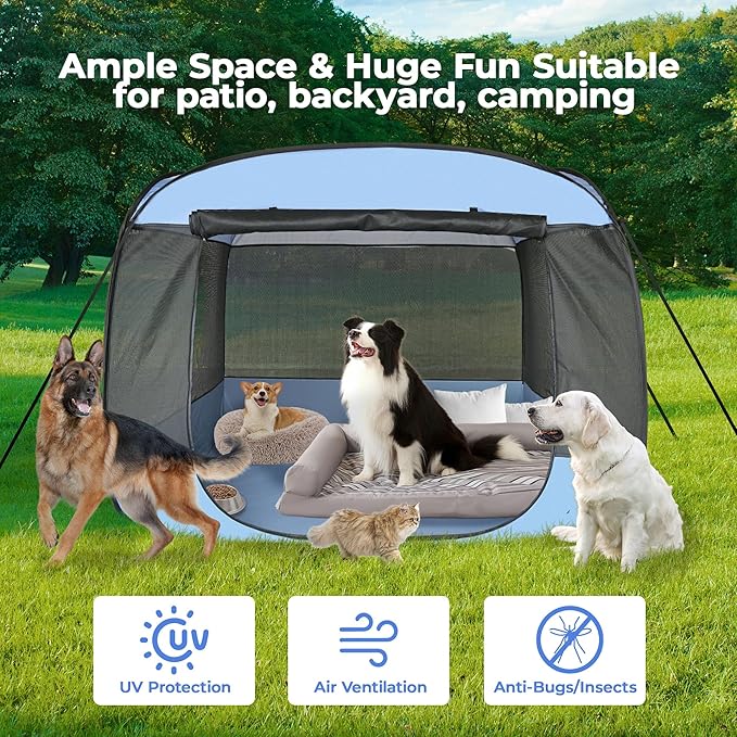 EighteenTek XLarge Popup Portable Dog Houses, 5.3'x4'H Assembly-Free Gazebo-Style Dog Cot Cat Playpen Screen Pet Tent Sun Shade Shelter Dog Bed with Canopy for Outdoor, Anti-Bugs with Leakproof Bottom-PurrikoPets
