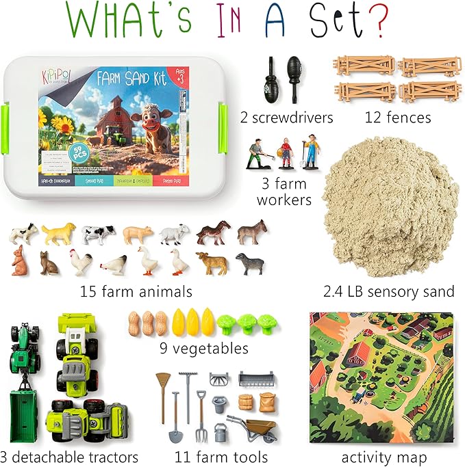 59 PCS Farm Sensory Bin Sandbox with Lid, 2.2 LB Sensory Sand, 40 Toddler Farm Toys, 3 Take Apart Construction Trucks -Sensory Toys for Kids 5-7, 3-4 & Up- Kids Gifts for Boys and Girls-PurrikoPets