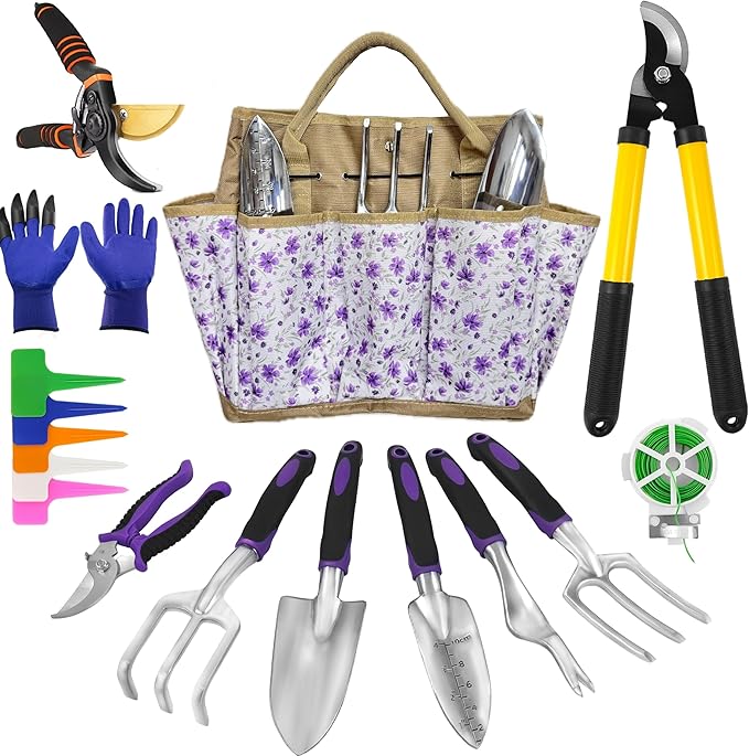 Gardening Tools – 42 Piece Premium Gardening Tool Set,Heavy Duty Hand Tools with Fashion Garden Tools Organizer Handbag,Rust-Proof Gardening Tool Kit, Ideal Gardening Gifts for Women((Purple Floral)-PurrikoPets