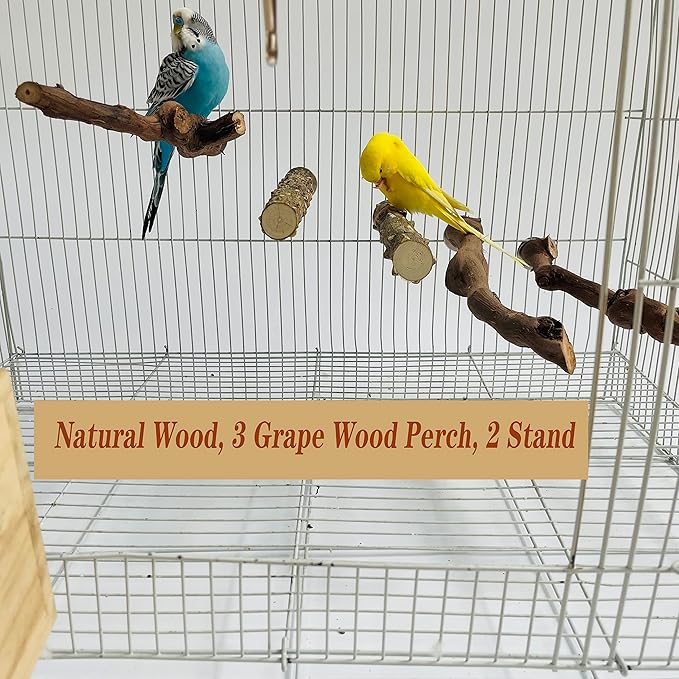 5PCS Bird Perch Stand Natural Wooden Parrot Stand Branch,3 Grape Wood Perch,2 Stand,Paw Grinding Fork Parakeet Chewing Stick Exercise Training Branches for Cockatiels,Small Medium Birds-PurrikoPets