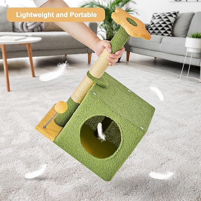 24 Inch Cat Tree Condo for Indoor Cats with Floral Sisal Scratching Post, Plush Hang Ball Play Furniture for Kittens Cats, Yellow-PurrikoPets
