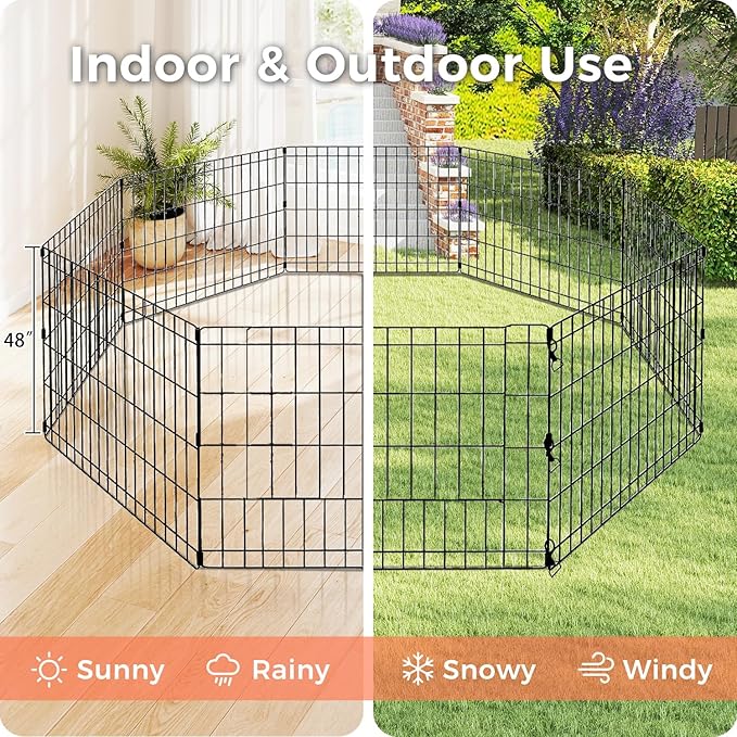 Foldable Dog Playpen 48" Height 8 Panels Metal Exercise Pen No Door - Indoor/Outdoor Dog Play Pen for Medium-Large Dogs, Portable Pet Fence for Yard Garden Camping, Black-PurrikoPets