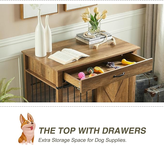 EDYO LIVING 38" Large Dog Crate Furniture with Sliding Barn Door, Wooden Dog Kennel with Drawer for Storage, Water Resistant Indoor Furniture Style Dog Crate for Small/Medium/Large Dog, Rustic Oak-PurrikoPets