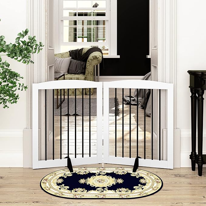 Freestanding Pet Gate for Dogs, Foldable Wooden Dog Gate for House, Indoor Pet Barrier for Stairs, Doorways, Support Feet Included, 24" Height 2 Panels, White-PurrikoPets