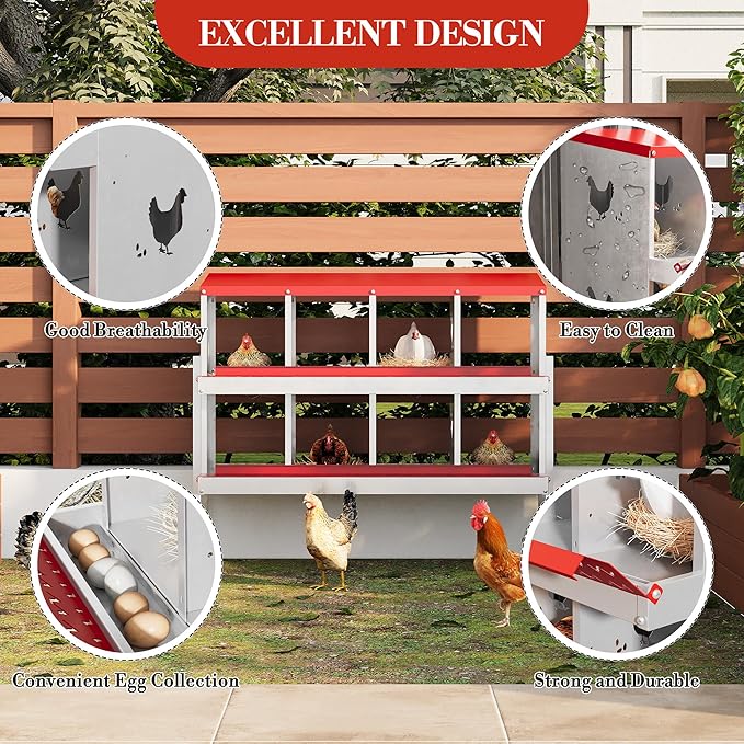 8 Hole Chicken Nesting Box with Roll Out Egg Tray, Rustproof & Ventilated Chicken Laying Boxes for Hens, Chickens, Ducks | Easy-Clean Poultry Coop Accessories, Red with Stand-PurrikoPets
