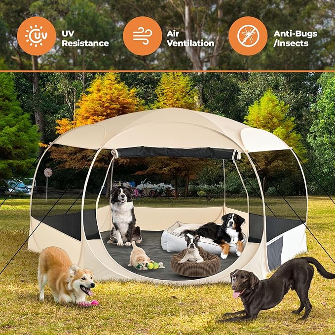EighteenTek XXLarge Popup Portable Dog Houses, 10'x4.8'H Assembly-Free Gazebo-Style Dog Cot Cat Playpen Screen Pet Tent Sun Shade Shelter Dog Bed with Canopy for Outdoor Anti-Bugs with Leakproof Floor-PurrikoPets