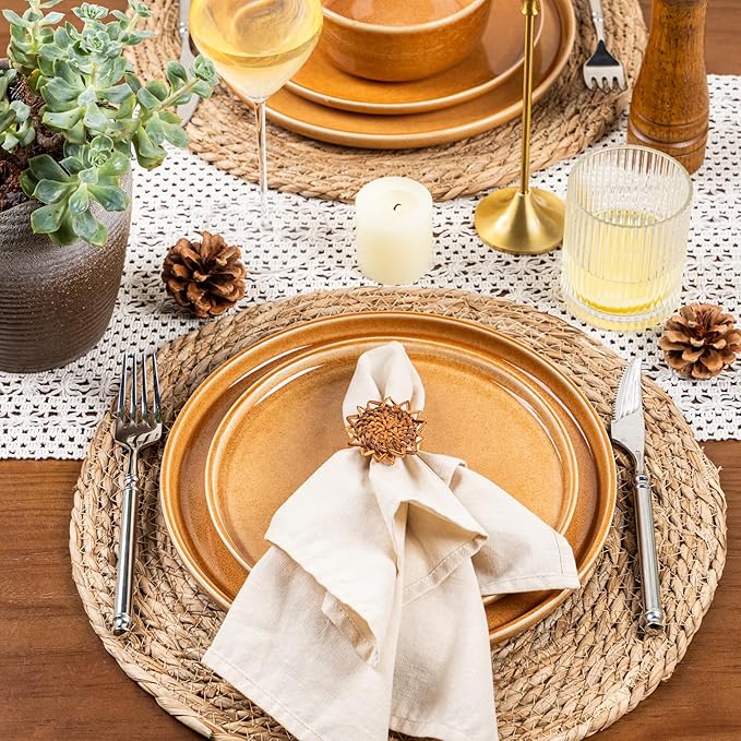 GBHOME Ceramic Dinnerware Sets for 4, 12 Pieces Stoneware Plates and Bowls Sets, Scratch Resistant Dishes, Dishwasher & Microwave Safe, Reactive Glaze-Amber-PurrikoPets
