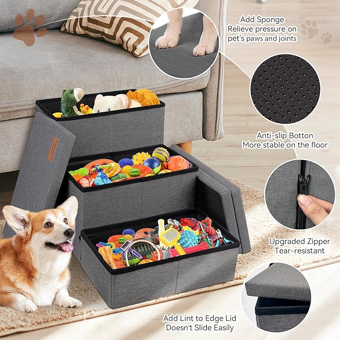 Dog Stairs with Storage 18" H, 3-Step Wider Dog Steps for Small/Medium/Large Old Dogs Cats, Folding Sturdy Pet Stairs Climbing Bed Couch, Ramp for Car Hold Up to 200 lbs (Dark Grey, No Condo)-PurrikoPets