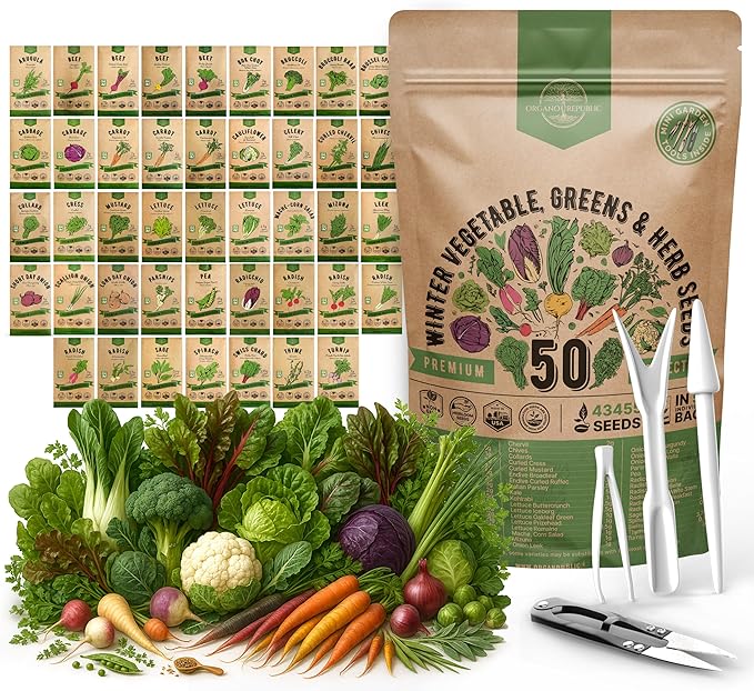 50 Winter Vegetable Garden Seeds Variety Pack - 43,450+ Non-GMO Heirloom Seeds for Outdoors & Indoor Home Gardening, Including Kohlrabi, Lettuce, Radish, Onion, Choy, Spinach, Cauliflower, Collards-PurrikoPets