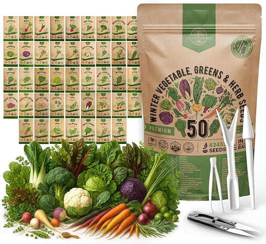 50 Winter Vegetable Garden Seeds Variety Pack - 43,450+ Non-GMO Heirloom Seeds for Outdoors & Indoor Home Gardening, Including Kohlrabi, Lettuce, Radish, Onion, Choy, Spinach, Cauliflower, Collards-PurrikoPets