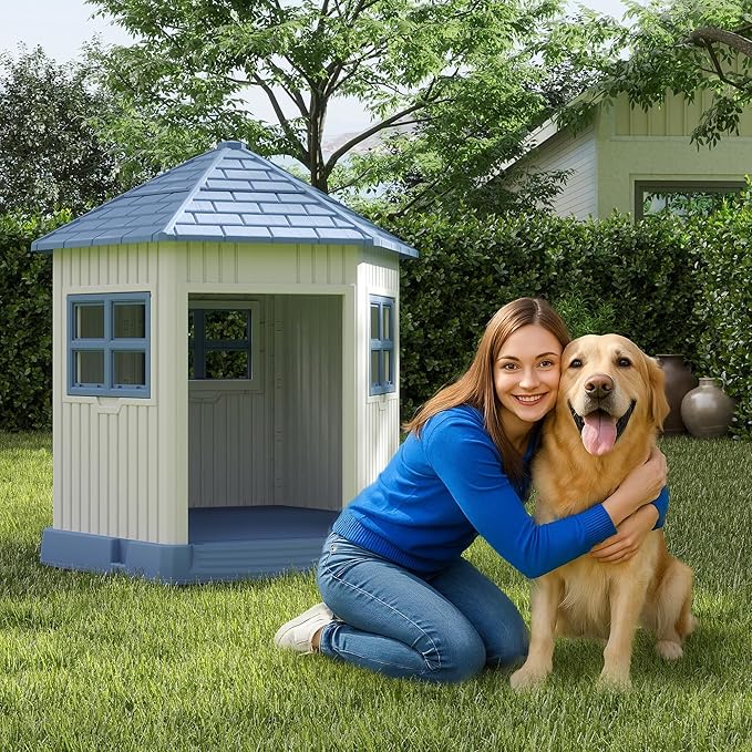 DRATO Dog House Indoor Outdoor Durable Large Dog Shelter with Outside Dog Kennel with Window and Elevated Floor for Small Medium Dogs (Blue, 34.8 * 30.51 * 36.89)-PurrikoPets