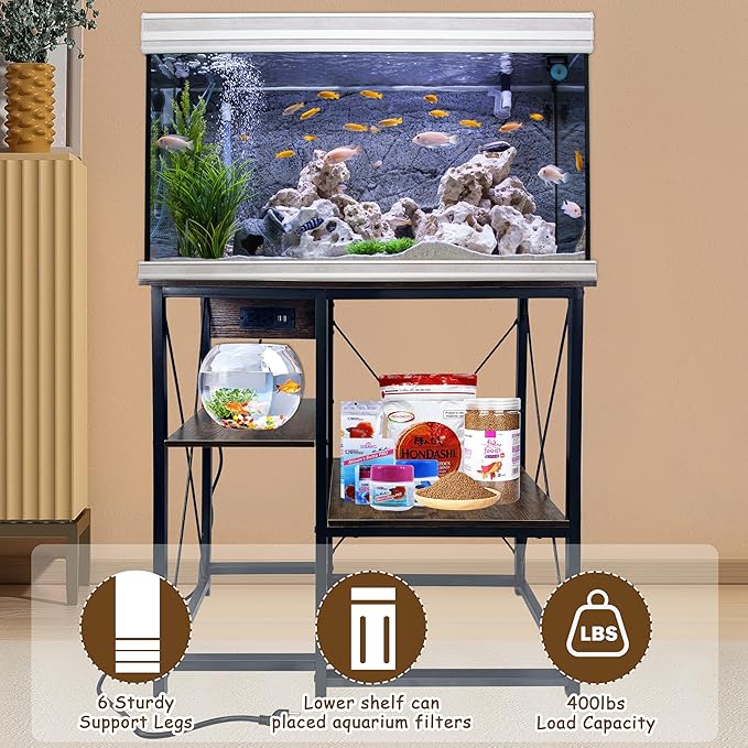 20-37 Gallon Fish Tank Stand with Power Outlet, 30.7"x13.8" Metal Frame Fish Stand, 3-Tier Wood Aquarium Stand, 400LBS Capacity Reptile Terrarium Stand-PurrikoPets