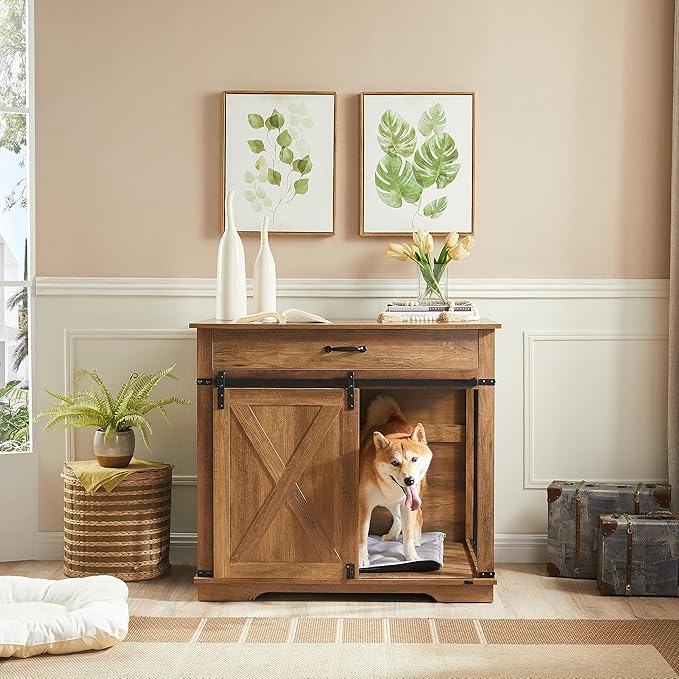 EDYO LIVING 38" Large Dog Crate Furniture with Sliding Barn Door, Wooden Dog Kennel with Drawer for Storage, Water Resistant Indoor Furniture Style Dog Crate for Small/Medium/Large Dog, Rustic Oak-PurrikoPets