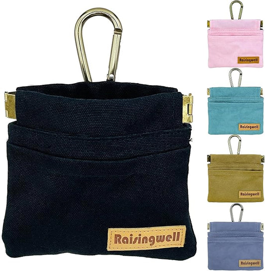 Dog Treat Pouch, Black Pocket Sized Pet Training Pouch, Cotton Fabric, Hand Free Dog Walking Bag with Carabiner, Self-Closing Pet Feed Snack Reward, for Pet Puppy Travel or Outdoor Use-PurrikoPets