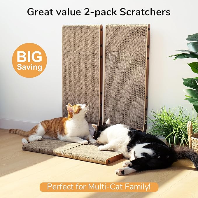 FUKUMARU Cat Scratcher, 26.8 Inch Cat Scratch Pad for Indoor Cats, L Shaped Cardboard Vertical Cats Scratching Board with Ball Toy, Walnut Color, 2 Packs-PurrikoPets