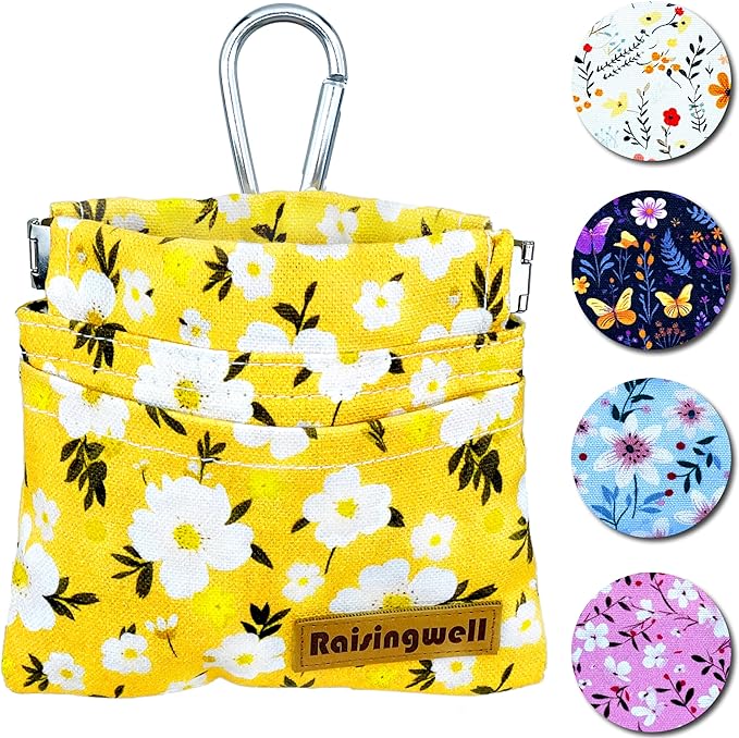 Dog Treat Pouch, Pocket Sized Pet Training Pouch, Cotton Fabric, Hand Free Yellow Flower Dog Walking Bag with Carabiner, Self-Closing Pet Feed Snack Reward, for Puppy Travel or Outdoor Use-PurrikoPets
