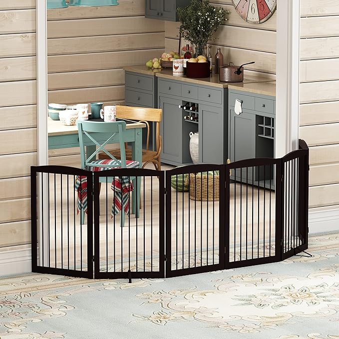 Freestanding Pet Gate for Dogs, Indoor Wooden Foldable Dog Gate for House, Extra Wide, Pet Fence for Stairs, Doorways, Halls, Support Feet Included, 120 Inch Wide, 6 Panels 32",Brown-PurrikoPets