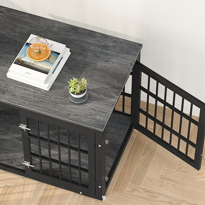 32 Inch Heavy Duty Dog Crate Furniture for Medium and Small Dogs, Decorative Pet House End Table, Wooden Cage Kennel Furniture Indoor, Gray-PurrikoPets