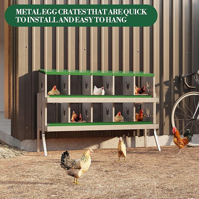 10 Hole Chicken Nesting Box with Roll Out Egg Tray, Rustproof & Ventilated Chicken Laying Boxes for Hens, Chickens, Ducks | Easy-Clean Poultry Coop Accessories, Green with Stand-PurrikoPets