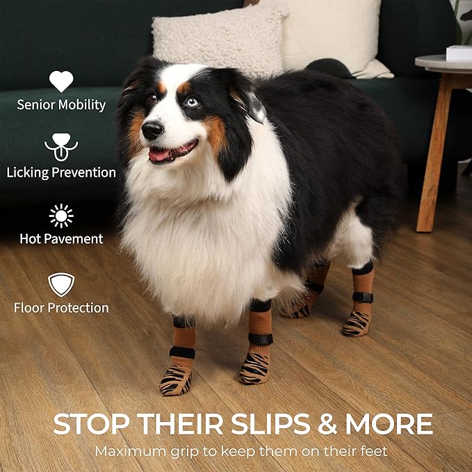 DOK TigerToes Premium Non-Slip Dog Socks for Hardwood Floors - Extra-Thick Grip That Works Even When Twisted - Prevents Licking, Slipping, and Great for Dog Paw Protection (Cool Caramel, X-Small)-PurrikoPets