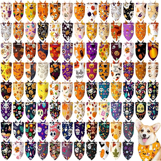 100 Pcs Halloween Dog Bandanas Bulk Pet Bibs Colorful Triangle Scarf Pet Bandanas for Medium Large Dogs Halloween Party Costume Decor-PurrikoPets