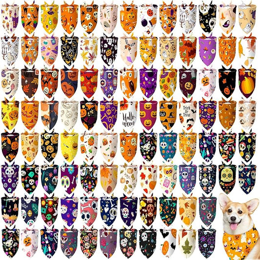 100 Pcs Halloween Dog Bandanas Bulk Pet Bibs Colorful Triangle Scarf Pet Bandanas for Medium Large Dogs Halloween Party Costume Decor-PurrikoPets