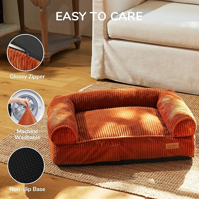 FUKUMARU Dog Couch Bed, Corduroy Cozy Cat Bed for Indoor Cats with Washable Cover, Supportive Waterproof Dog Beds Sofa for Small Dogs and Large Cats Cute, 28inch, Medium, Orange-PurrikoPets