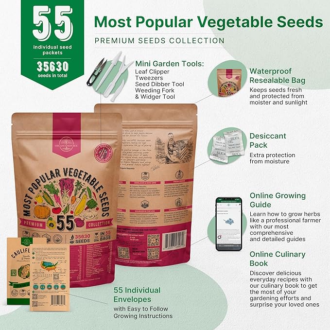 55 Vegetable Seeds Variety Pack - 35,600+ Non-GMO Heirloom Seeds for Planting Vegetables and Fruits in Individual Seed Packets, Home Garden Seeds for Hydroponic, Indoor and Outdoors Gardening-PurrikoPets