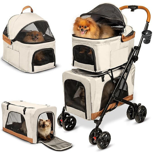 Double Pet Stroller with Detachable Carriers - Ideal for 2 Dogs or Cats - Compact & Convenient Design - Easy Assembly Double Dog Stroller - Cosmic Beige-PurrikoPets