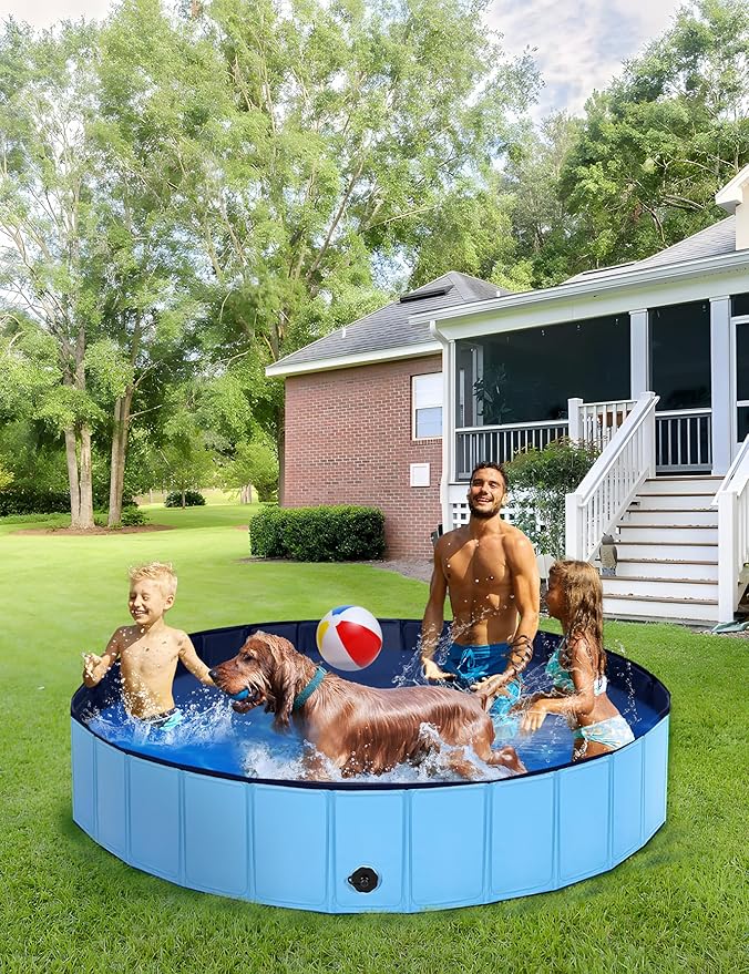 Foldable Dog Pool, Lexda Hard Plastic Shell Pet Swimming Pools for Large Dogs, Collapsible Plastic Pet Pool, Portable Bathing Tub for Dogs (79x12inch)-PurrikoPets