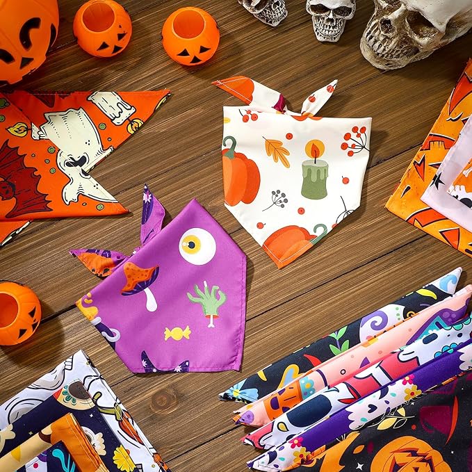 100 Pcs Halloween Dog Bandanas Bulk Pet Bibs Colorful Triangle Scarf Pet Bandanas for Medium Large Dogs Halloween Party Costume Decor-PurrikoPets