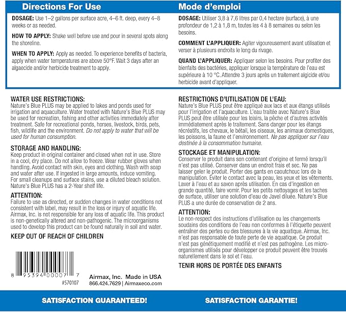 Airmax Pond Dye Plus, Nature's Blue Colorant & Natural Beneficial Bacteria, Large Pond & Lake Water Clarifier & Color Treatment, Shade Plants & Algae from Sunlight, Fish & Livestock Safe, 1 Gallon-PurrikoPets