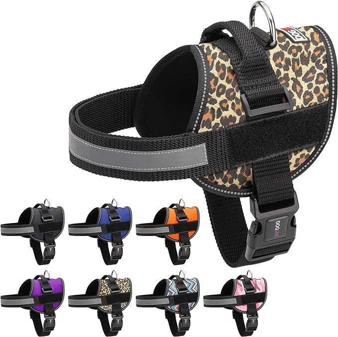 Dogline Dog Harness, Reflective No-Pull Adjustable Vest with Handle for Walking, Training, Breathable, No - Choke Harness for Small, Medium or Large Dogs Room for Patches Leopard Brown L 27"-34"-PurrikoPets
