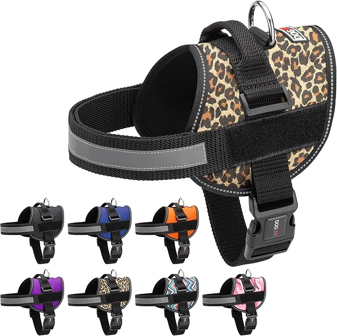 Dogline Dog Harness, Reflective No-Pull Adjustable Vest with Handle for Walking, Training, Breathable, No - Choke Harness for Small, Medium or Large Dogs Room for Patches Leopard Brown XL 33"-46"-PurrikoPets